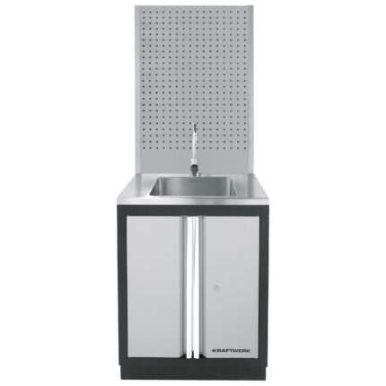 KRAFTWERK INDUSTRY Spülbecken-Kombination – Edelstahlbecken mit abschließbarem Unterschrank & Rückwand Mobilio System - KW-150.500.003