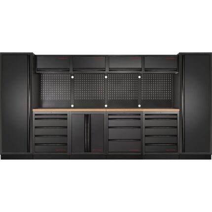 KRAFTWERK MOBILIO-EX 6er Kombi DEEP Tiefe: ca. 721 mm (690 mm Arbeitsplatte) – Modular mit Lochwand & Buche-Multiplex-Arbeitsplatte - KW-3964C-BLK-EX