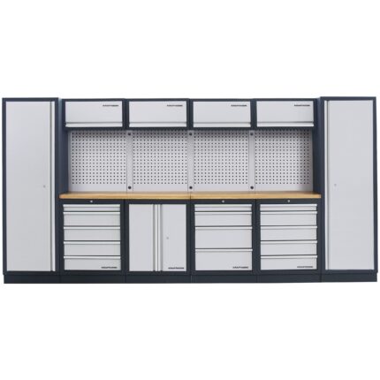 KRAFTWERK MOBILIO-EX 6er Kombi DEEP Tiefe: ca. 721 mm (690 mm Arbeitsplatte) – Modular, mit Lochwand & Buche-Multiplex-Arbeitsplatte - KW-3964C-EX