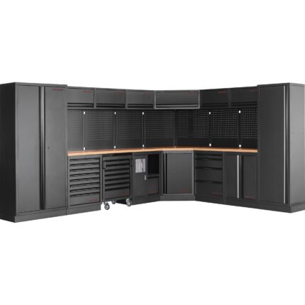 KRAFTWERK MOBILIO 8-Element-Werkstatt-Schranksystem – Ecklösung mit Multiplex-Arbeitsplatten und Lochwänden (Länge 3819 / 2824 mm) - KW-3964E-BLK