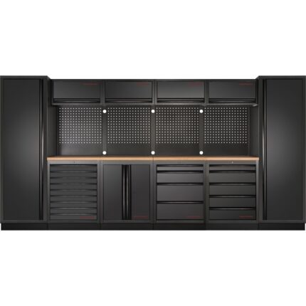 KRAFTWERK MOBILIO-EX DEEP – 6er Komplett-Kombi mit Lochwand & Buche-Arbeitsplatte - Tiefe: ca. 721 mm (690 mm Arbeitsplatte) - KW-3964F-BLK-EX