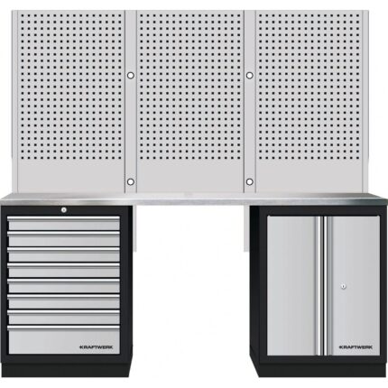 KRAFTWERK Mobilio 3er Kombi mit Lochwand – Edelstahl-Arbeitsplatte 8 Schubladen & Türschrank 2040 mm Schwarz - KW-3964K-80S-WIX
