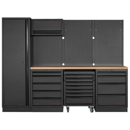KRAFTWERK MOBILIO 4er Werkstattschrank-Kombi – Hochschrank, Buche-Multiplex, Lochwand, Schubladen & Oberschrank - KW-3964K-BLK-016