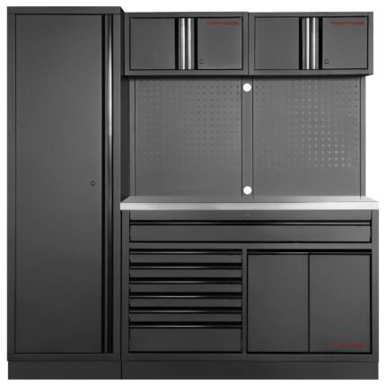 KRAFTWERK MOBILIO BLACK 2er-Kombi breit – Werkstattmöbelsystem mit 7 Schubladen, Edelstahlplatte & Lochwand | Vormontiert freistehend 1960 mm - KW-3964K-BLK-021-IX