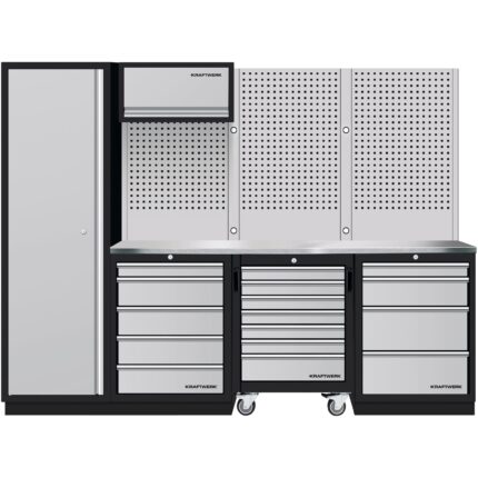 KRAFTWERK MOBILIO – 4er Schrankwand-Kombi mit Hochschrank, Edelstahl-Arbeitsplatte & Rollwagen - KW-3964K-H5R4-K1WIX