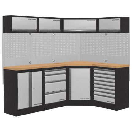 KRAFTWERK Werkstattmöbel – MOBILIO 4er Kombi mit Eckschrank, 8+4 Schubladen, Multiplexplatte & Oberschränken Freistehend durchdacht organisiert - KW-3964N